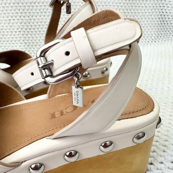 Coach NIB Astor Semi Matte Leather Chalk White Studded Platform Wood Clog Heel 6 - Picture 6 of 11